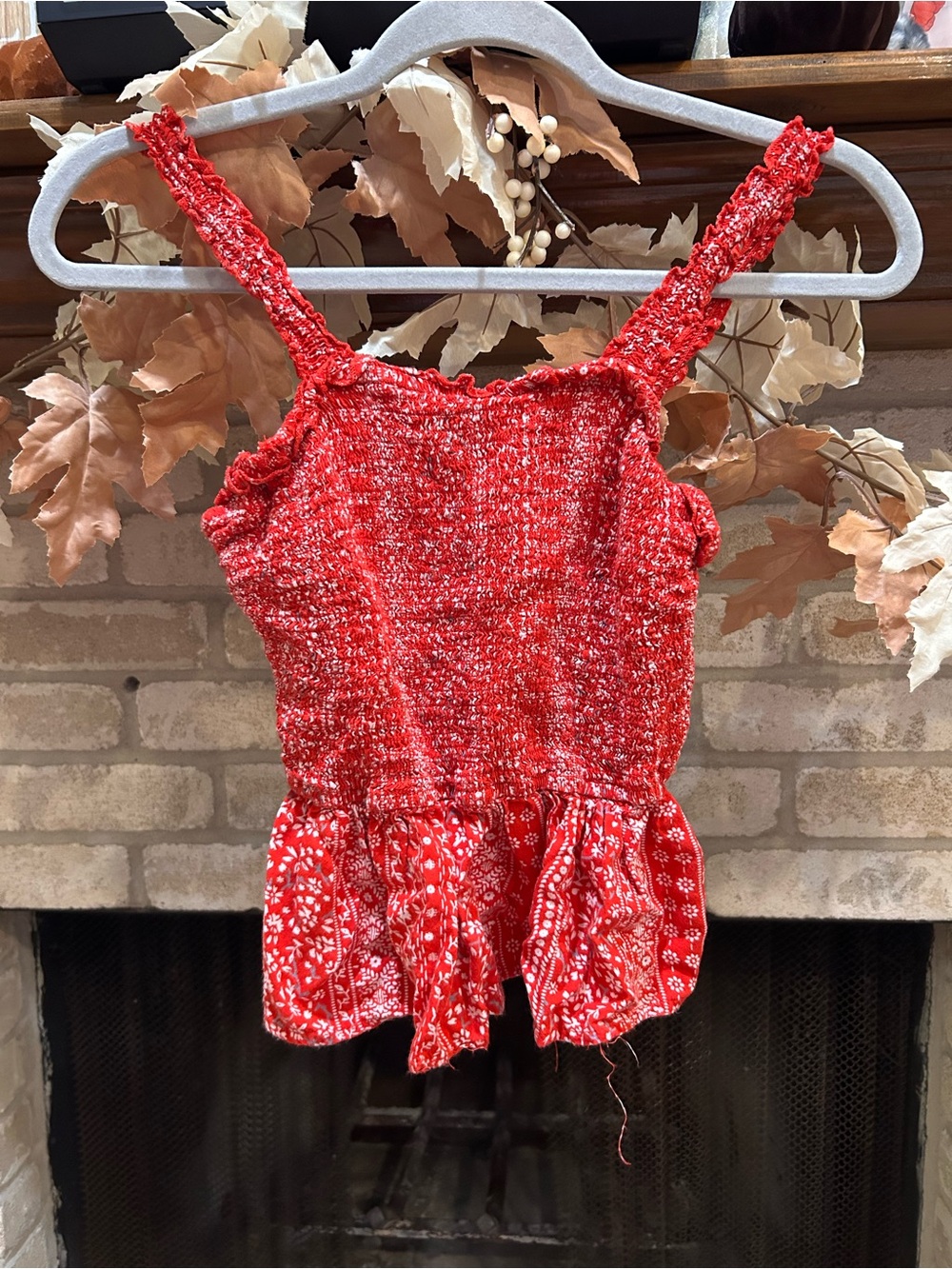 Red Smocked Peplum Crop Top with Ruffle Straps EUC